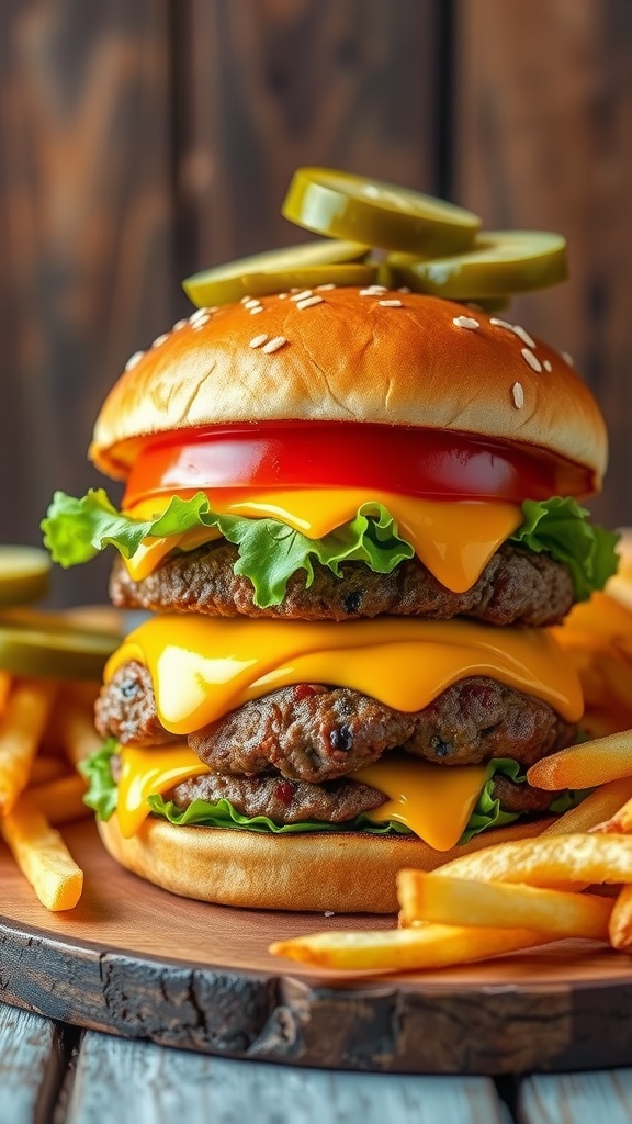 A delicious double cheeseburger with two beef patties, melted cheese, lettuce, and tomato on a toasted bun, accompanied by fries.